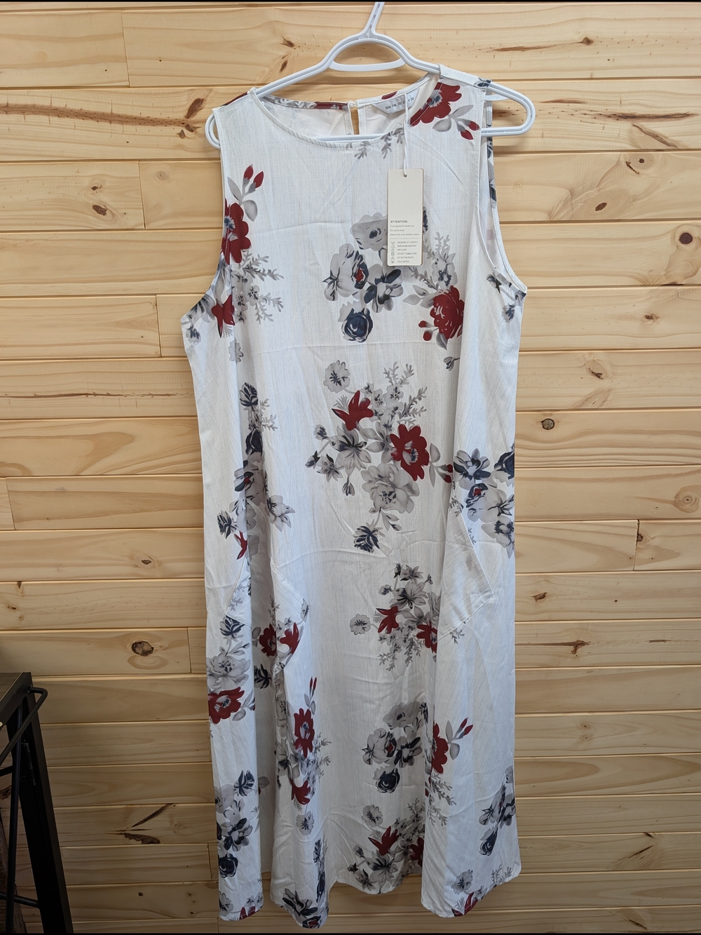 Sleeveless White Floral A-Line Dress with Red and Gray Blooms
